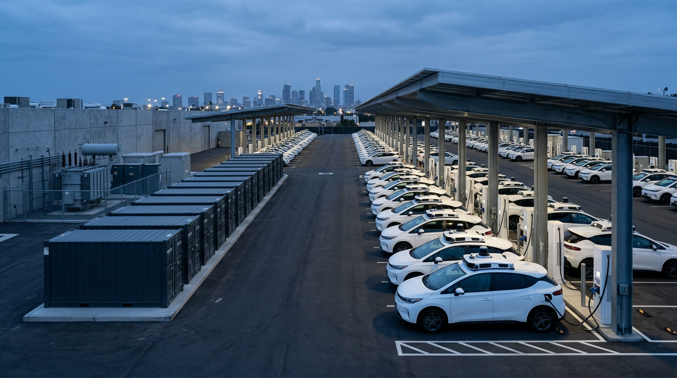 Autonomous robotaxis charging at a depot with solar canopies and battery storage containers at dusk