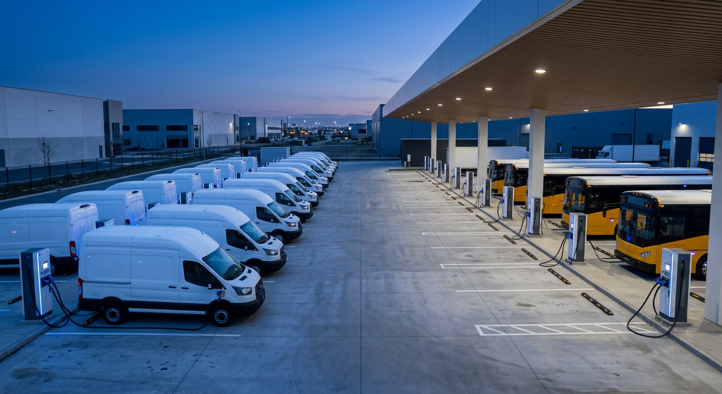 Electric delivery vans plugged into DC fast chargers at a fleet depot